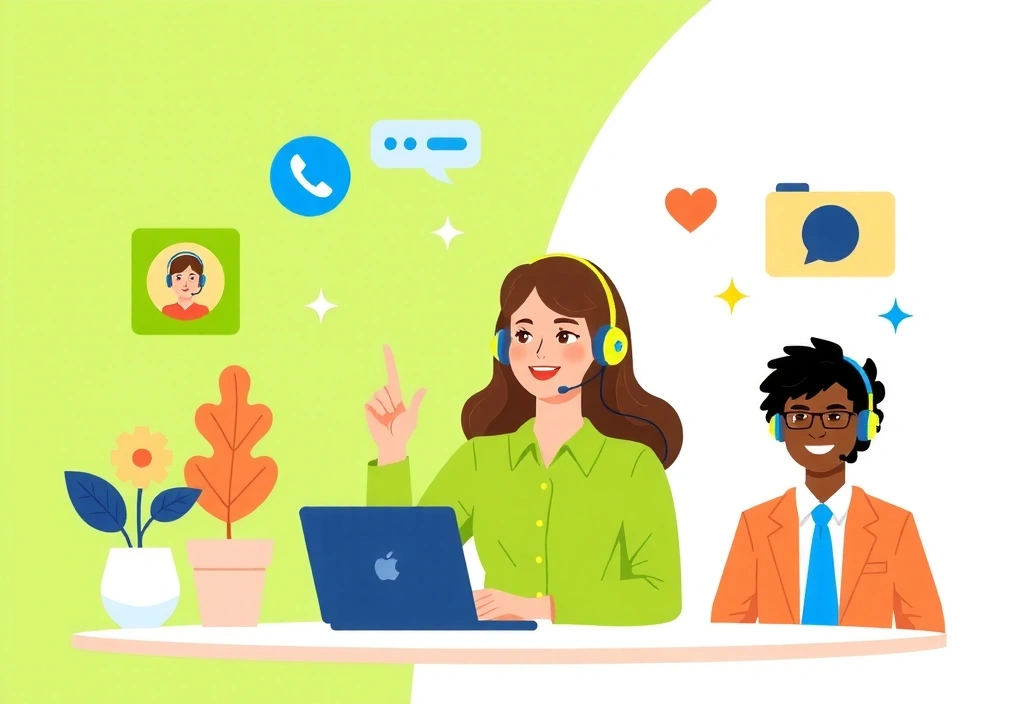 Customer support and contact center illustration with professional service representatives