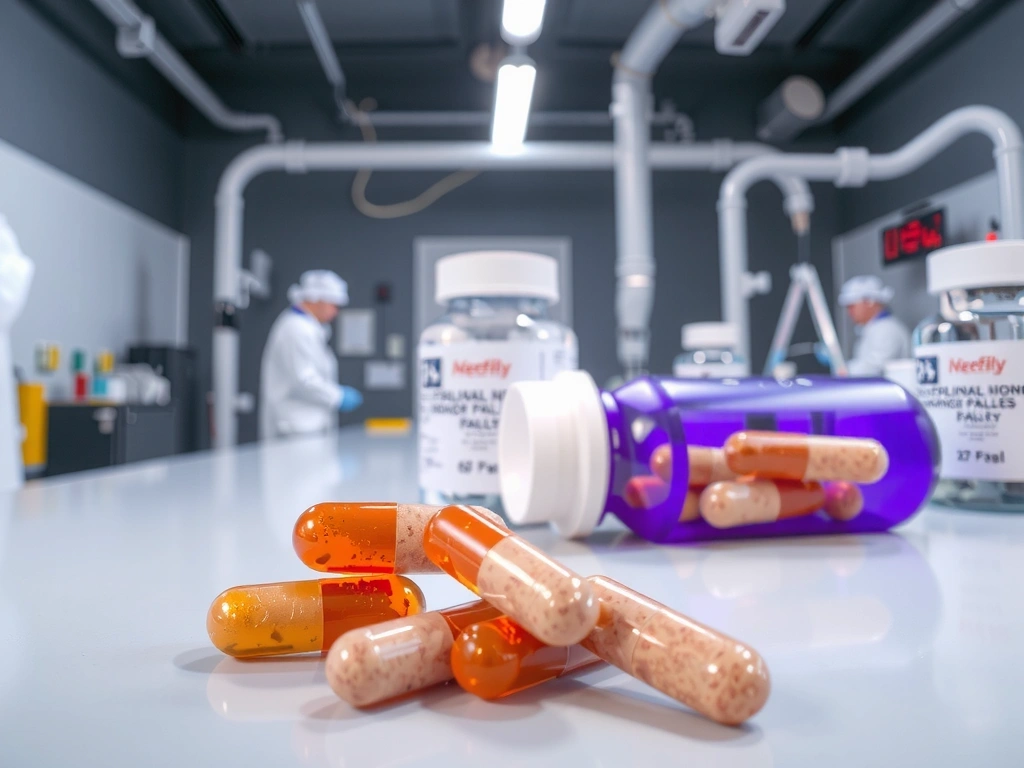 Laboratory setting with synthetic pharmaceutical pills and capsules showing artificial supplement production